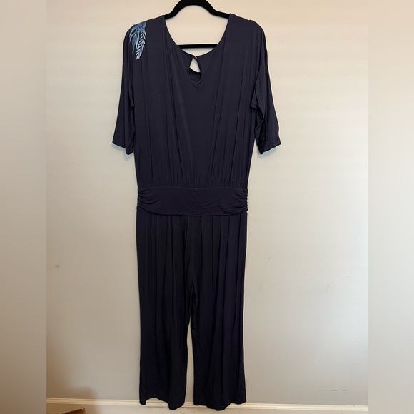 Soft Surrounding Navy Blue Garbo Jumpsuit Embroidered Jersey Knit Size MP - Picture 3 of 6